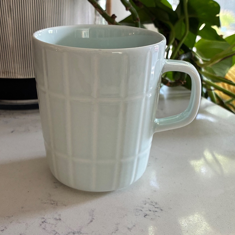 Marimekko Mug Light Blue Oiva Tiiliskivi Grid Stoneware Scandi Finnish MCM Hygge